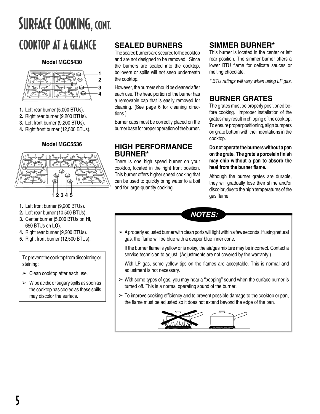 Maytag MGC5430 warranty Sealed Burners, High Performance Burner, Simmer Burner, Burner Grates 