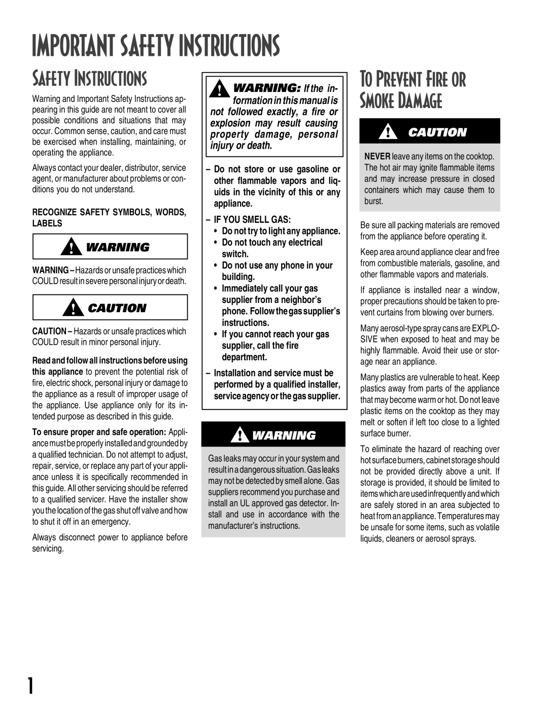 Maytag MGC5430 warranty Important Safety Instructions, To Prevent Fire or Smoke Damage, If You Smell Gas 