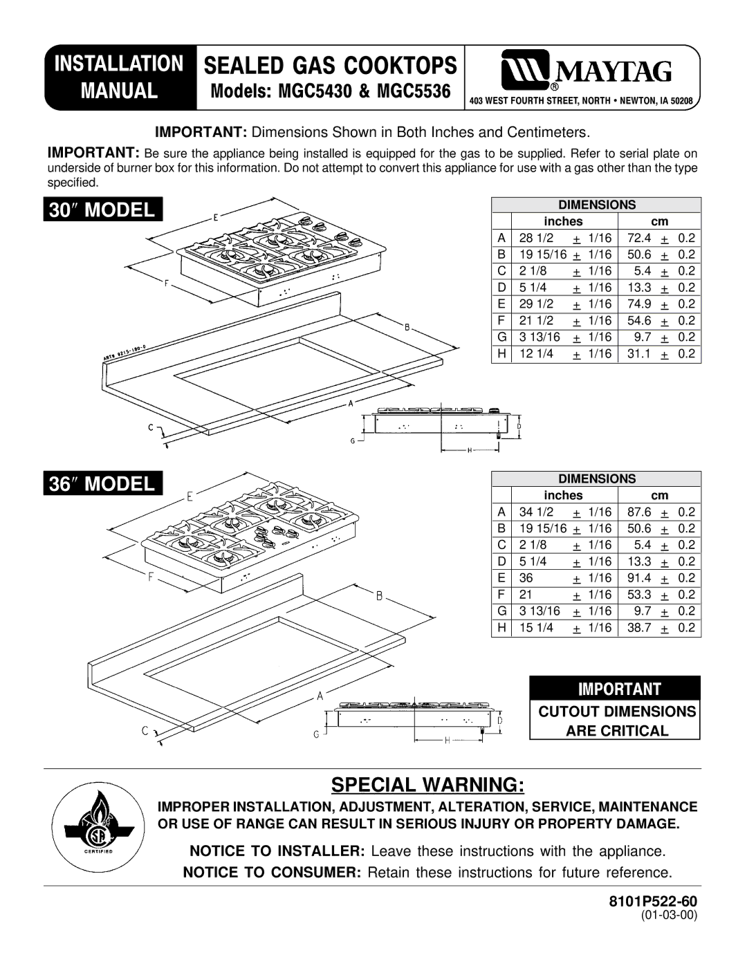 Maytag MGC5536 installation manual Cutout Dimensions Are Critical, 8101P522-60, Inches 