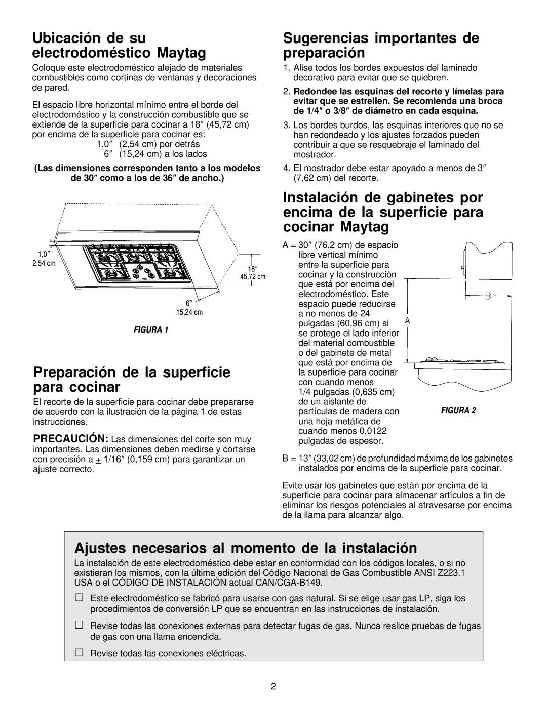 Maytag MGC5536 installation manual Ubicación de su electrodoméstico Maytag, Preparación de la superficie para cocinar 