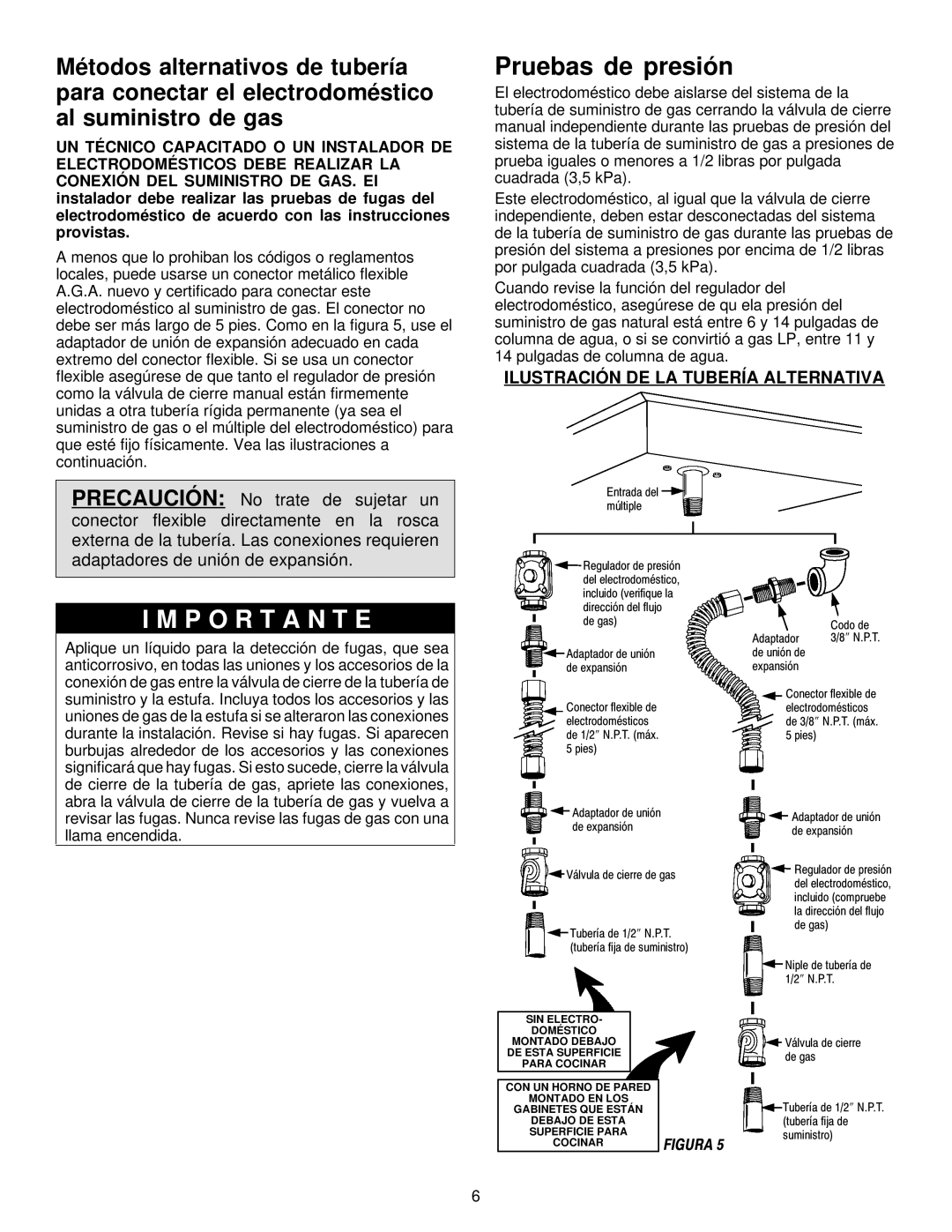 Maytag MGC5536 installation manual Pruebas de presión, Ilustración DE LA Tubería Alternativa 