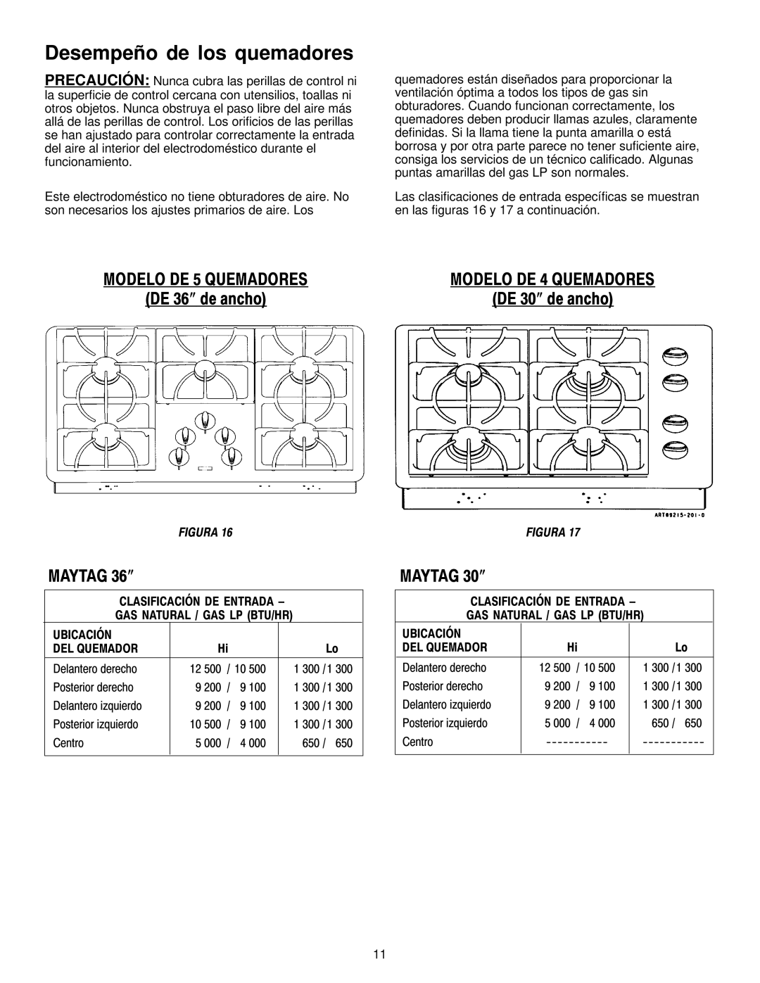 Maytag MGC5536 installation manual Desempeño de los quemadores 