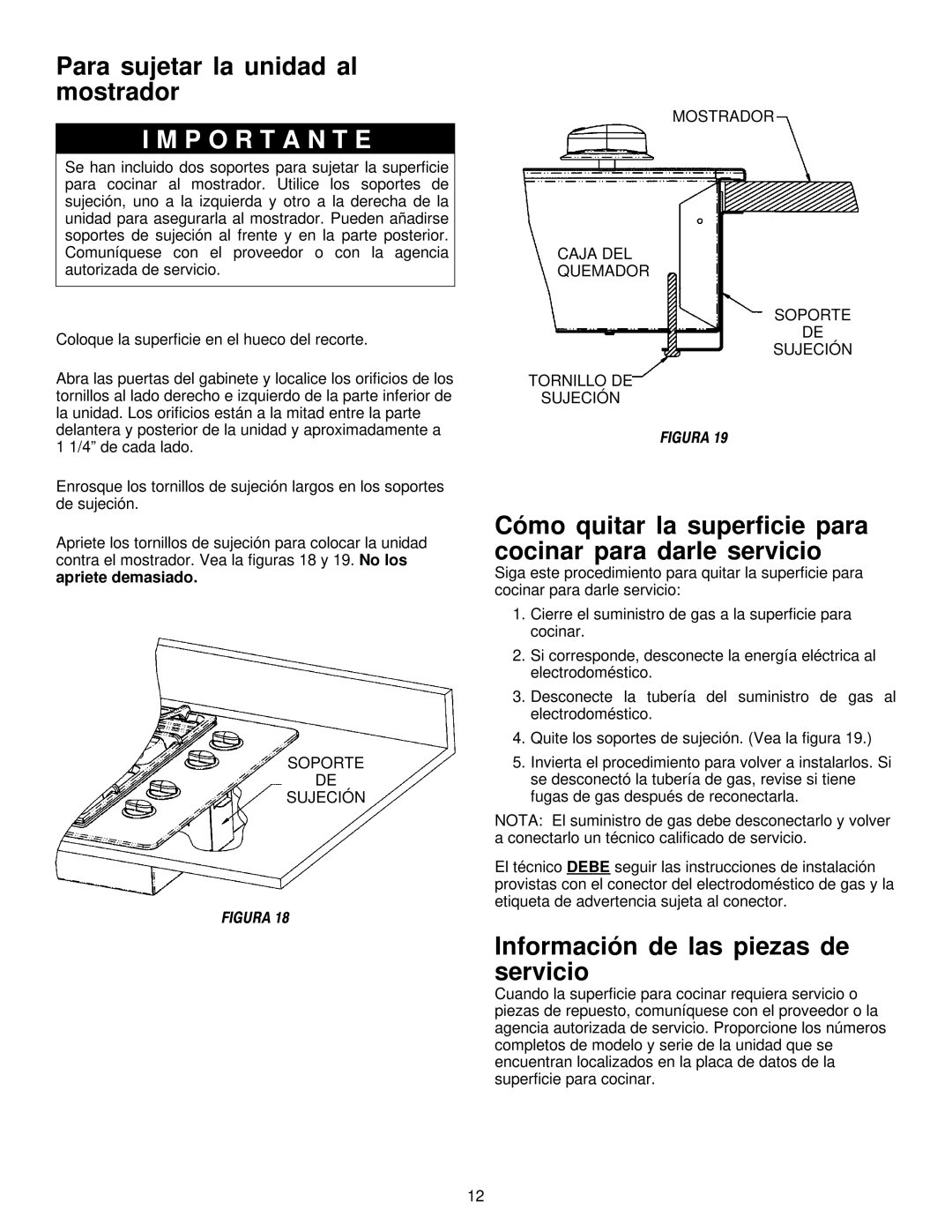 Maytag MGC5536 Para sujetar la unidad al mostrador, Cómo quitar la superficie para cocinar para darle servicio 