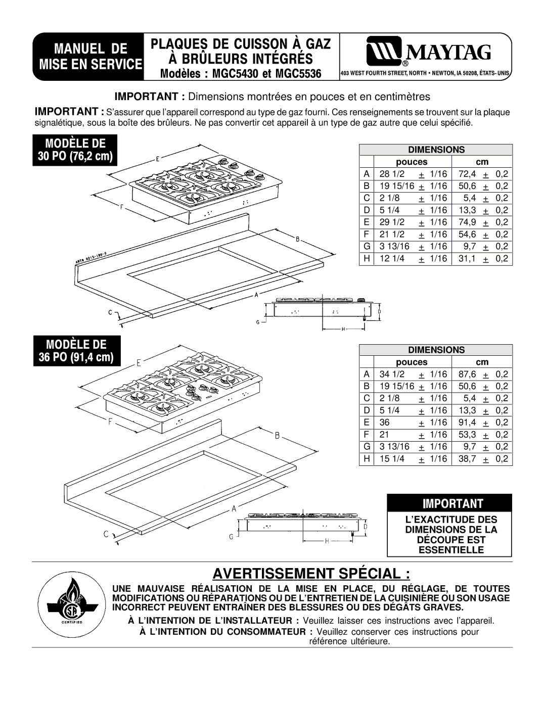 Maytag MGC5536 installation manual Manuel DE, Pouces 