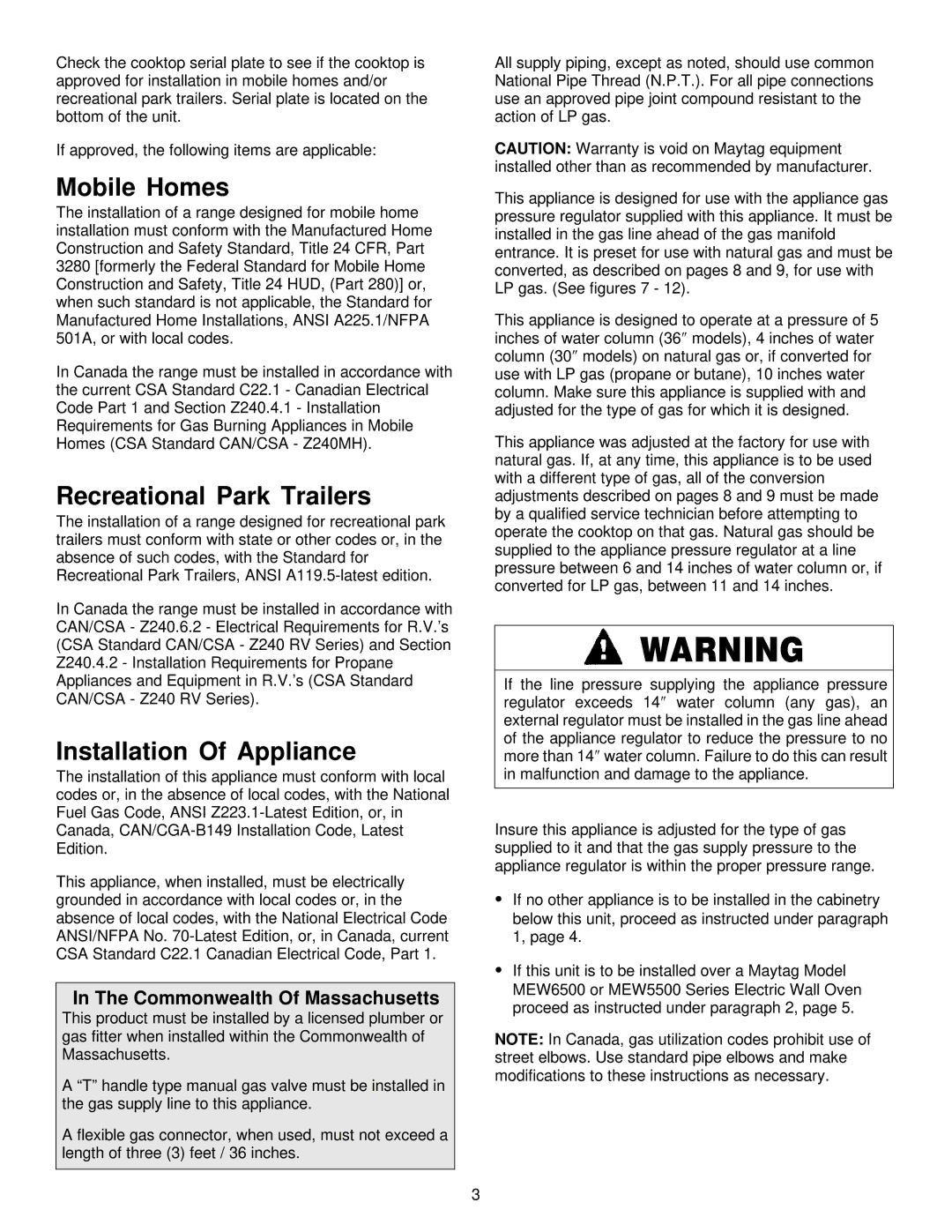 Maytag MGC5536 Mobile Homes, Recreational Park Trailers, Installation Of Appliance, Commonwealth Of Massachusetts 