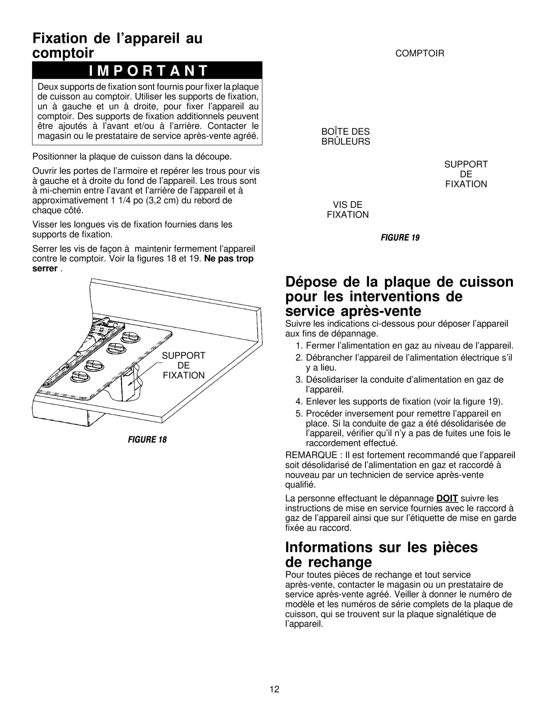 Maytag MGC5536 installation manual Fixation de l’appareil au comptoir, Informations sur les pièces de rechange 