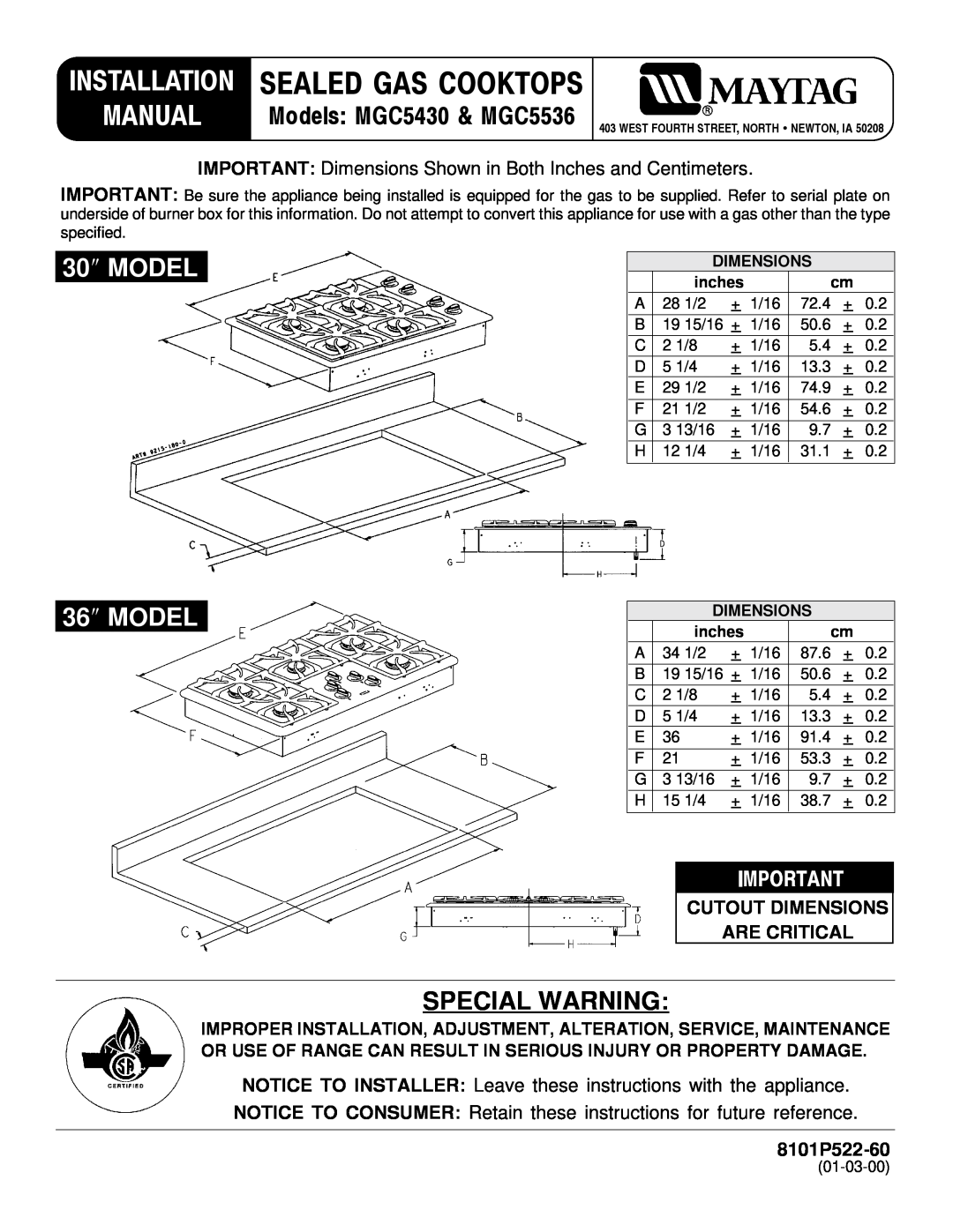Maytag MGC5536 installation manual Manual, MODEL 36 MODEL, Special Warning, Cutout Dimensions Are Critical, 8101P522-60 