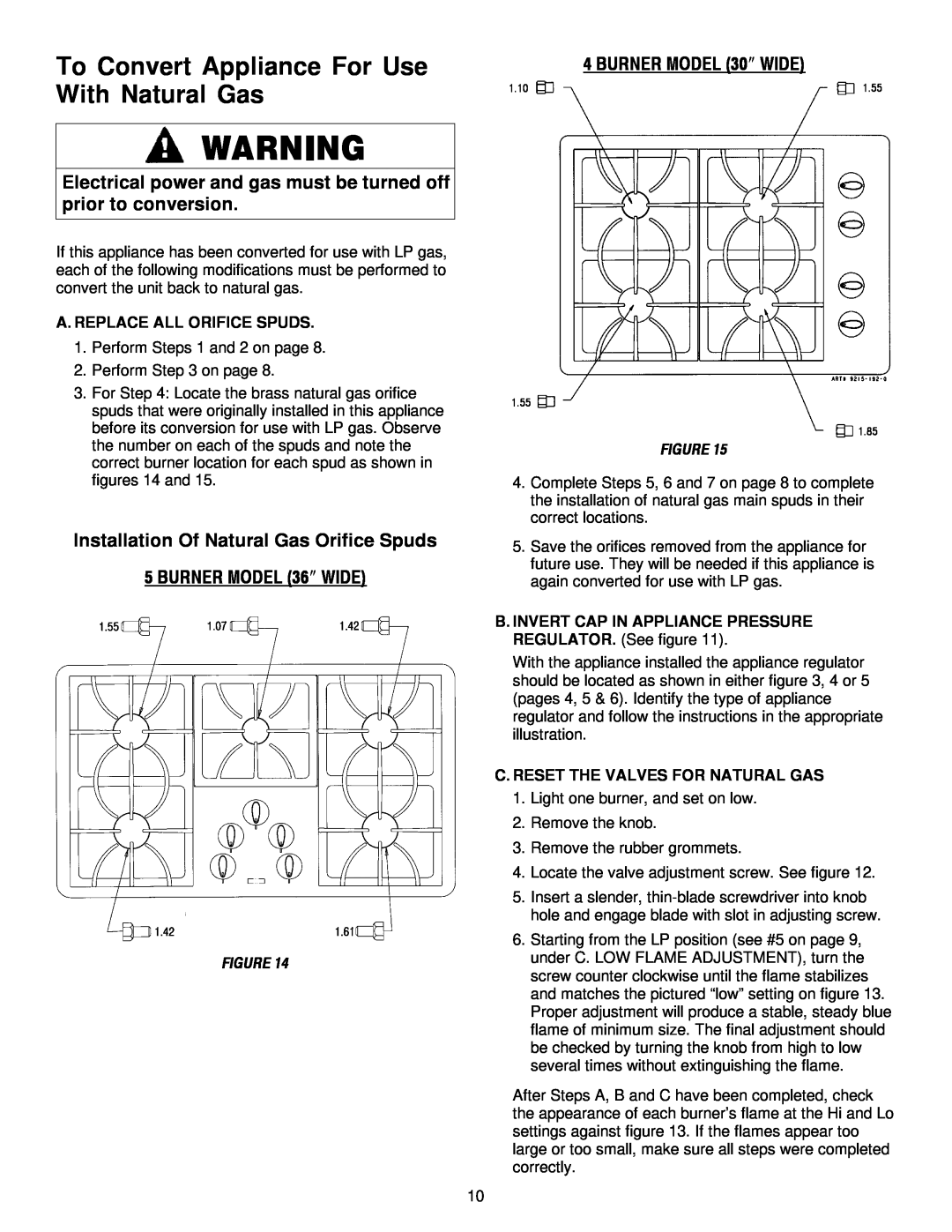 Maytag MGC5536 installation manual To Convert Appliance For Use With Natural Gas, Installation Of Natural Gas Orifice Spuds 