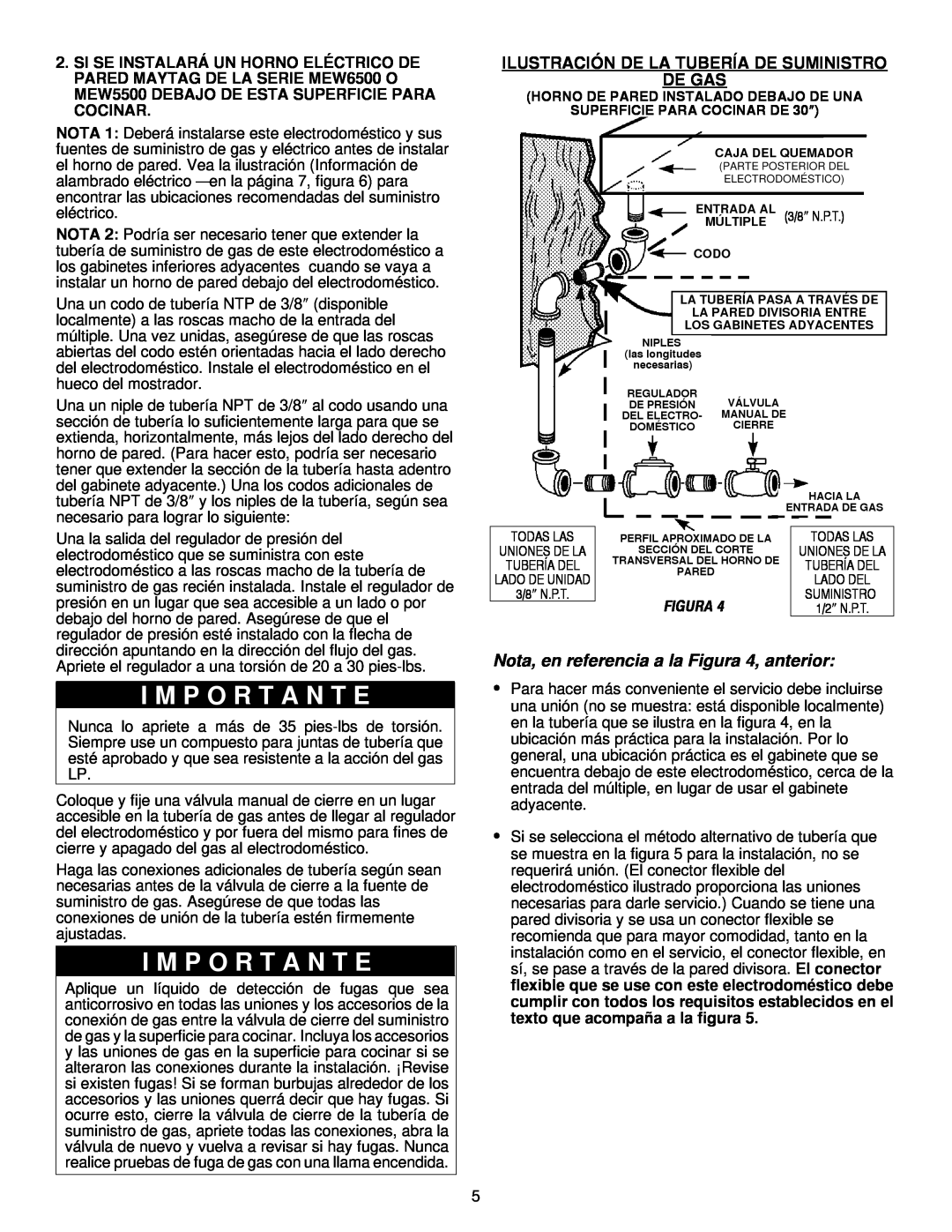 Maytag MGC5536 Nota, en referencia a la Figura 4, anterior, Ilustración De La Tubería De Suministro De Gas 