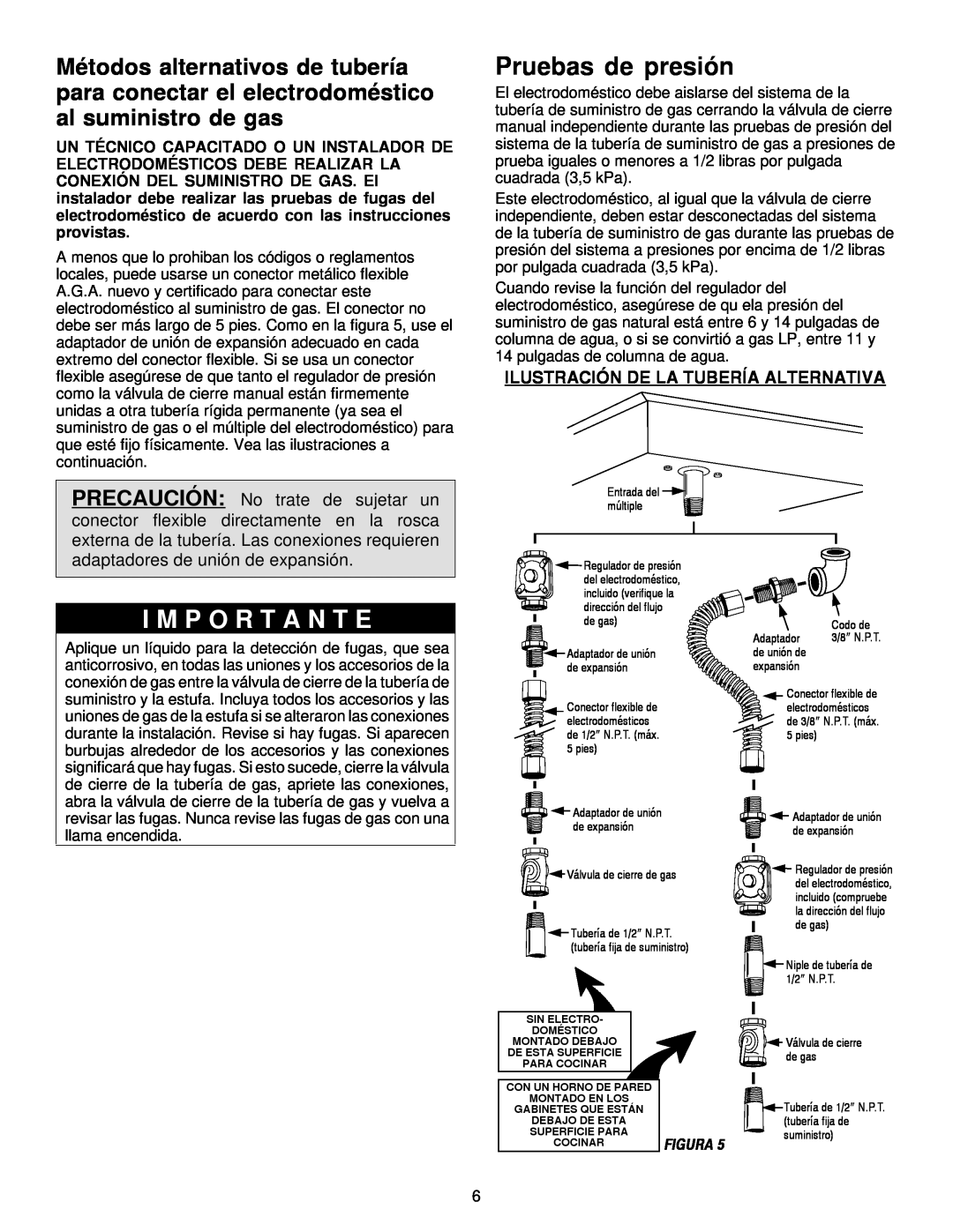 Maytag MGC5536 installation manual Pruebas de presión, Ilustración De La Tubería Alternativa, I M P O R T A N T E 
