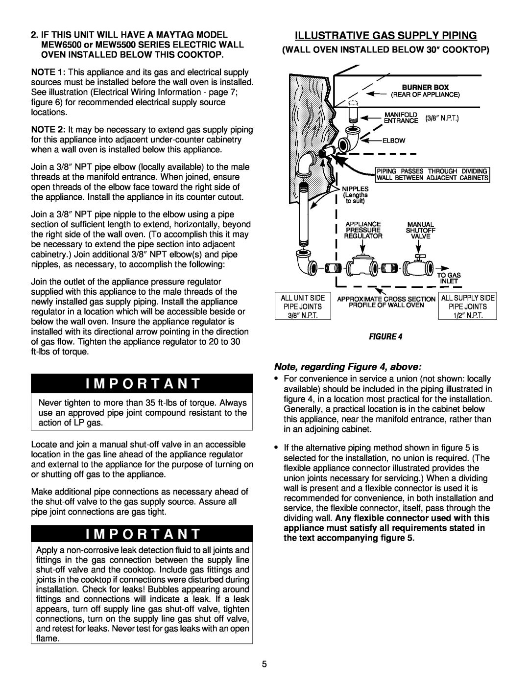 Maytag MGC5536 installation manual Note, regarding , above, WALL OVEN INSTALLED BELOW 30 COOKTOP, I M P O R T A N T 