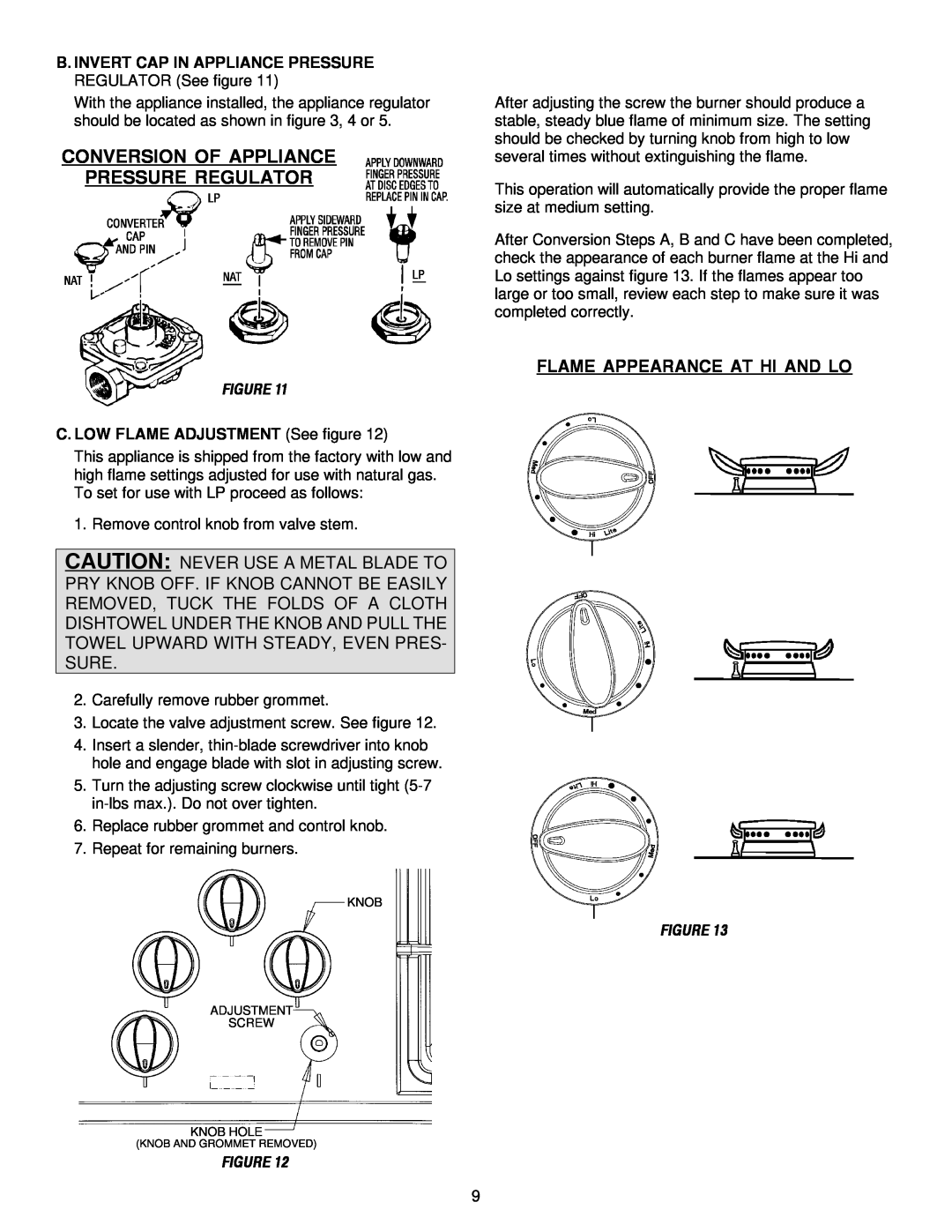 Maytag MGC5536 installation manual Conversion Of Appliance Pressure Regulator, Flame Appearance At Hi And Lo 