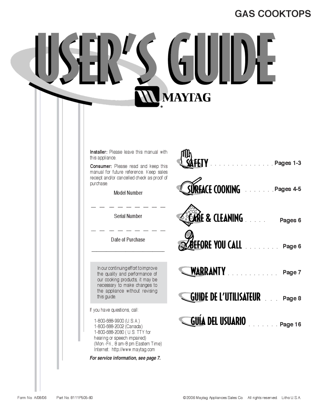 Maytag MGC5536BDW warranty Pages, Model Number Serial Number Date of Purchase 