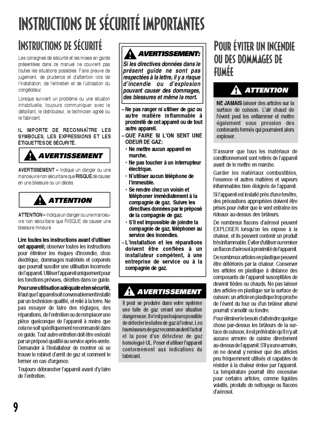 Maytag MGC5536BDW warranty Instructions de Sécurité, Pour éviter un incendie ou des dommages de fumée 