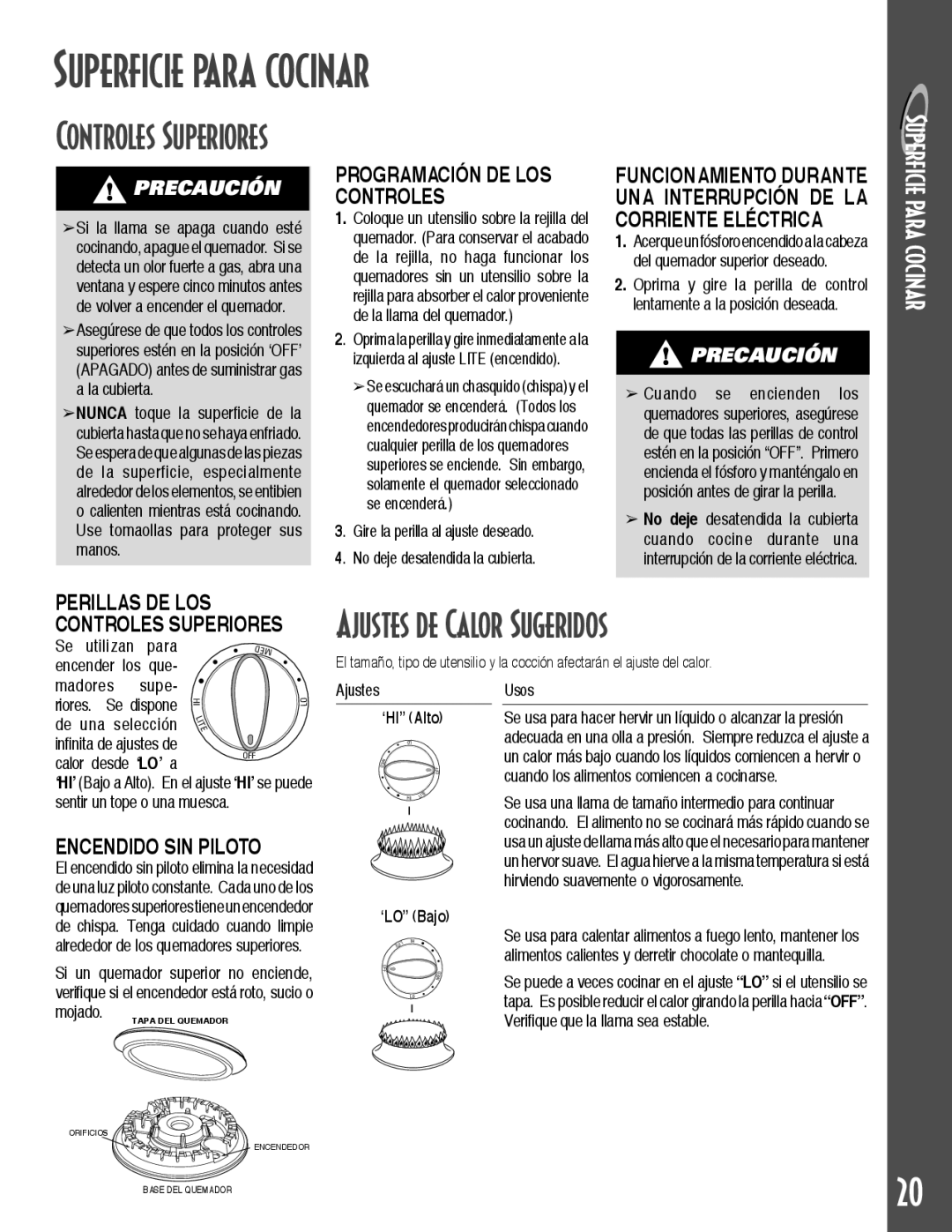 Maytag MGC5536BDW warranty Superficie para cocinar, Ajustes de Calor Sugeridos, ‘HI Alto, ‘LO Bajo 