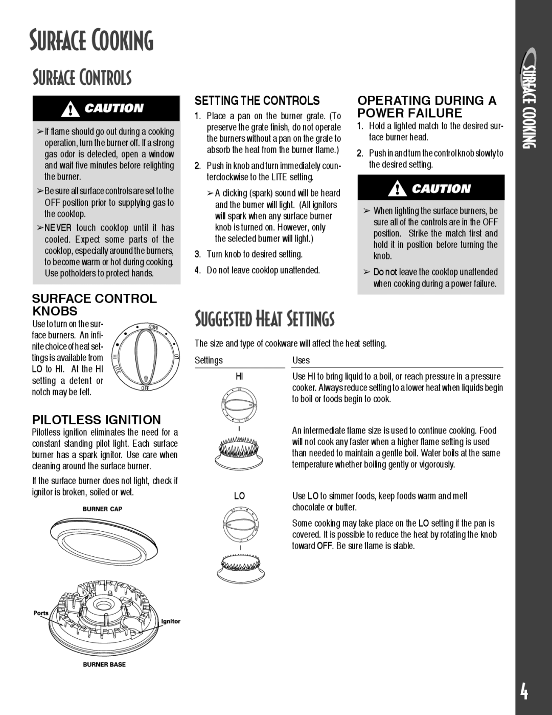 Maytag MGC5536BDW Surface Controls, Suggested Heat Settings, Operating During a Power Failure, Surface Control Knobs 