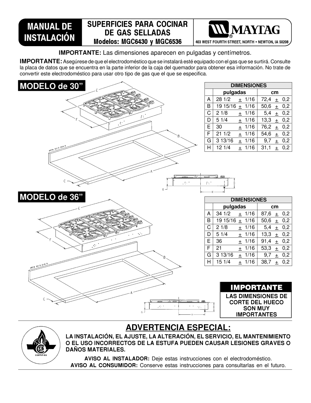 Maytag MGC6430, MGC6536 installation manual Dimensiones, Pulgadas 