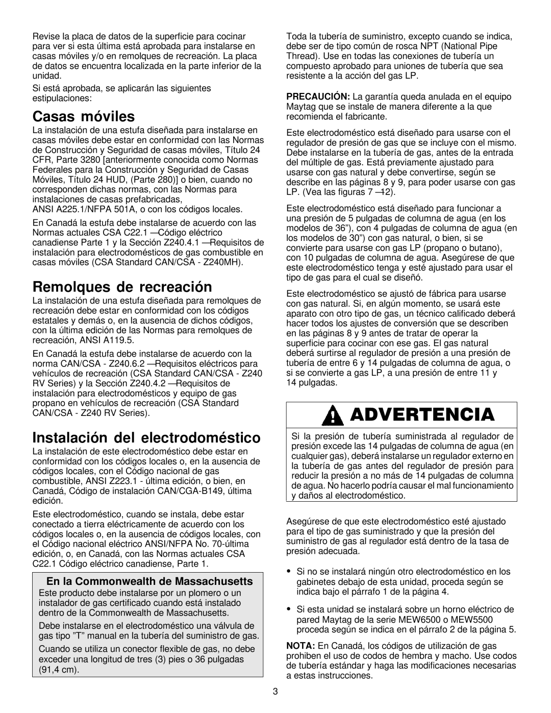 Maytag MGC6430, MGC6536 installation manual Casas móviles, Remolques de recreación, Instalación del electrodoméstico 