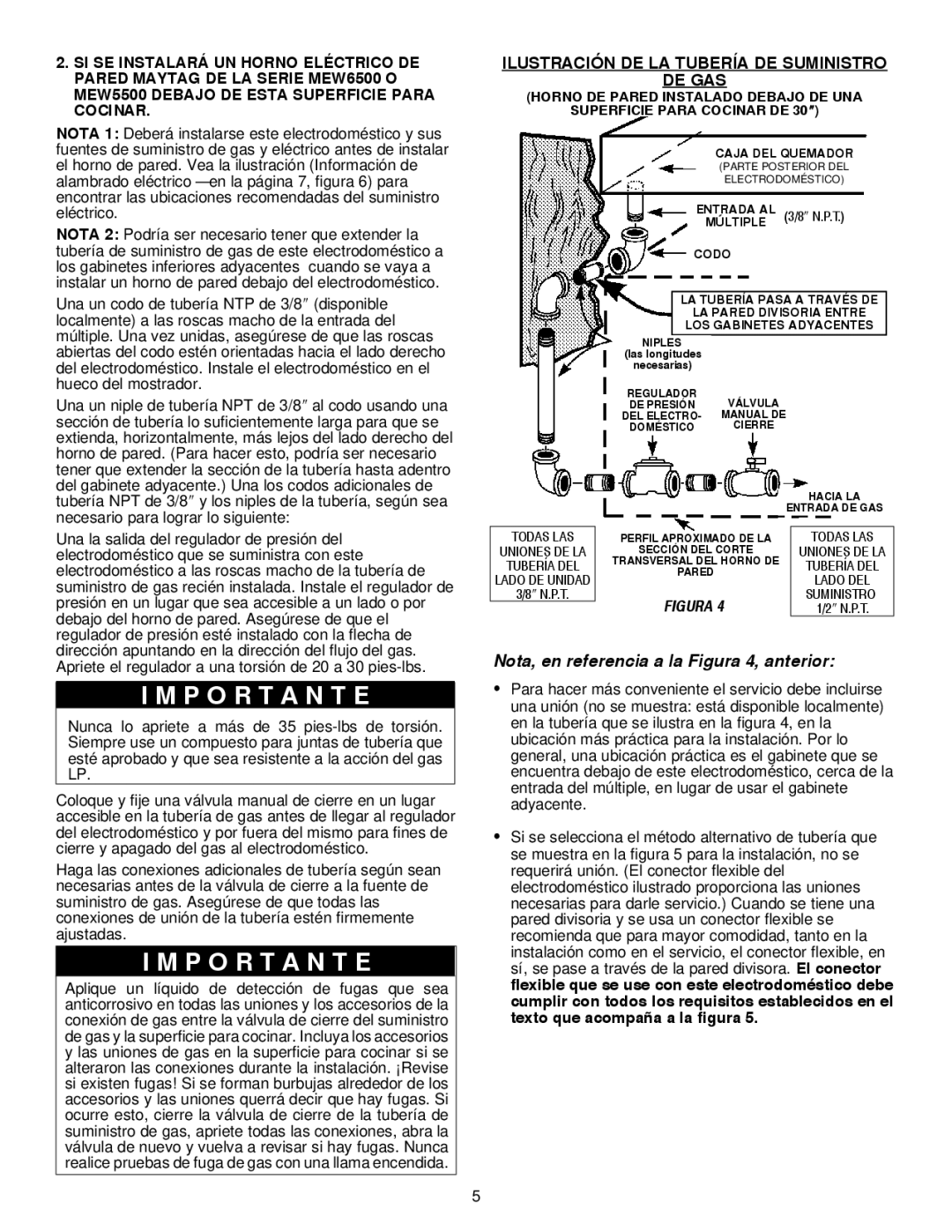 Maytag MGC6430, MGC6536 installation manual Nota, en referencia a la Figura 4, anterior 