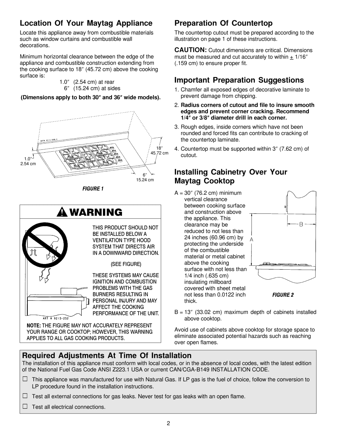 Maytag MGC6430, MGC6536 Location Of Your Maytag Appliance, Preparation Of Countertop, Important Preparation Suggestions 