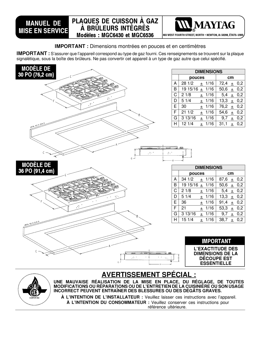 Maytag MGC6536, MGC6430 installation manual Manuel DE, Pouces 