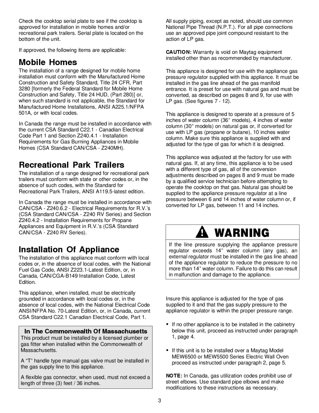 Maytag MGC6536, MGC6430 Mobile Homes, Recreational Park Trailers, Installation Of Appliance, Commonwealth Of Massachusetts 