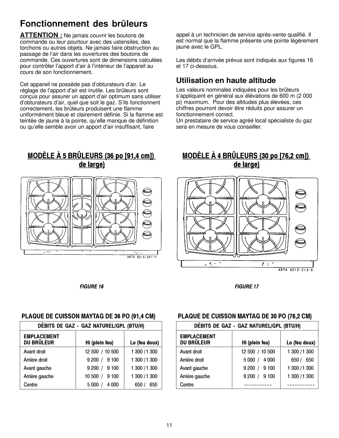 Maytag MGC6536, MGC6430 installation manual Fonctionnement des brûleurs, Utilisation en haute altitude 