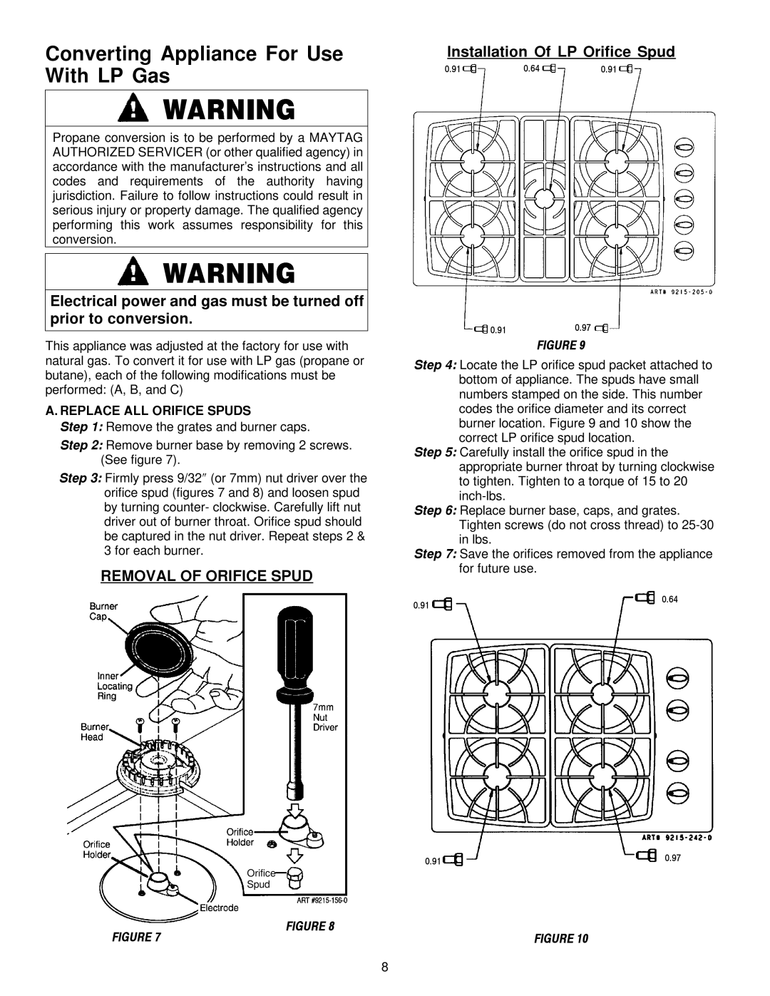 Maytag MGC6430, MGC6536 Converting Appliance For Use With LP Gas, Removal of Orifice Spud, Installation Of LP Orifice Spud 