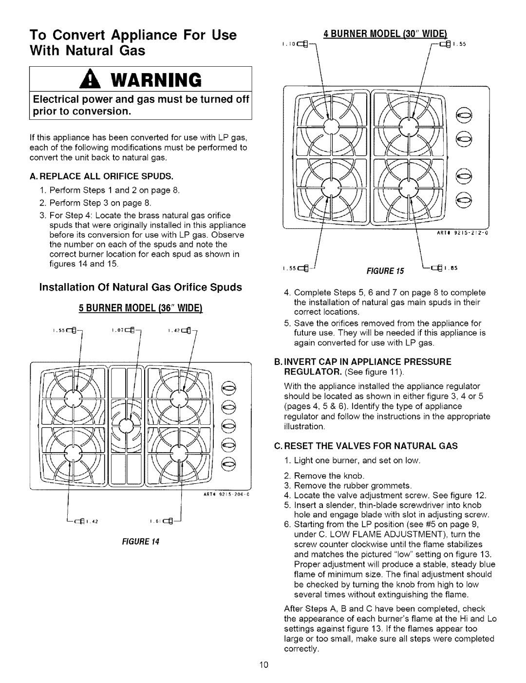 Maytag MGC6430, MGC6536 dimensions To Convert Appliance For Use With Natural Gas, Burner Model 36 Wide, Burner Model 30 Wide 