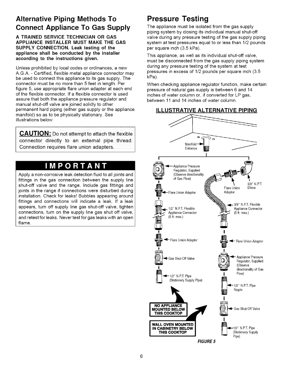 Maytag MGC6430, MGC6536 dimensions Connect Appliance To Gas Supply, Pressure Testing, Illustrative Alternative Piping 