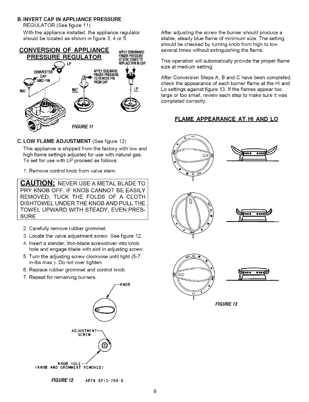 Maytag MGC6536, MGC6430 Invert CAP in Appliance Pressure, Flame Appearance AT HI and LO, LOW Flame Adjustment See figure 