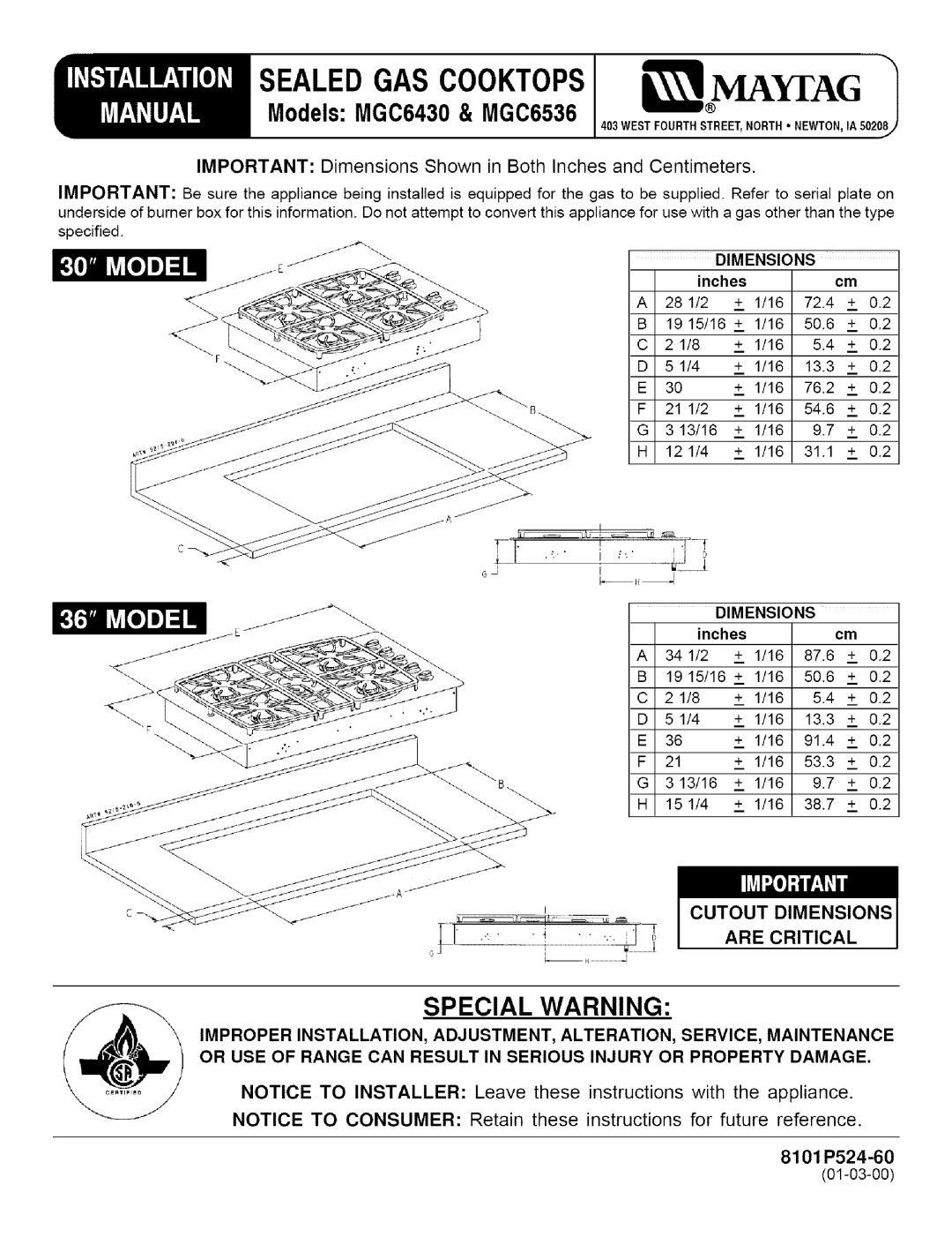 Maytag dimensions Sealedgas Cooktops, Special Warning, Models MGC6430 & MGC6536 