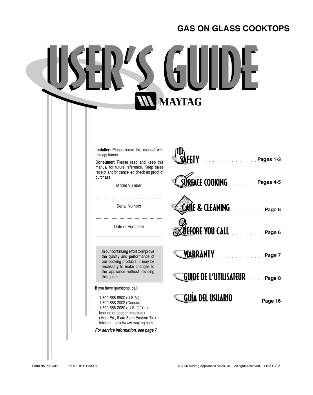 Maytag MGC6536BDW warranty Model Number Serial Number Date of Purchase, Pages, If you have questions, call Canada 