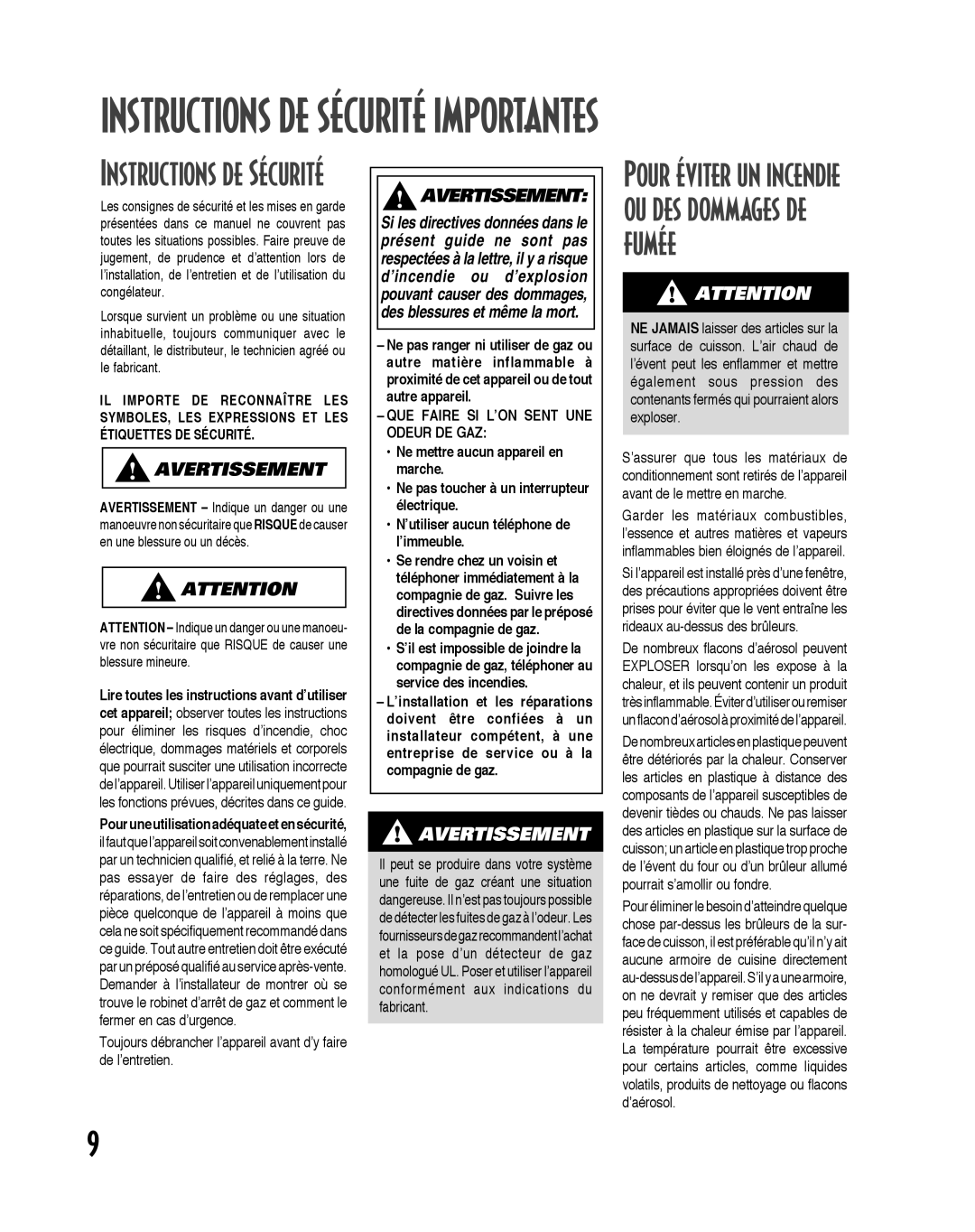 Maytag MGC6536BDW warranty Instructions de Sécurité, QUE Faire SI L’ON Sent UNE Odeur DE GAZ 