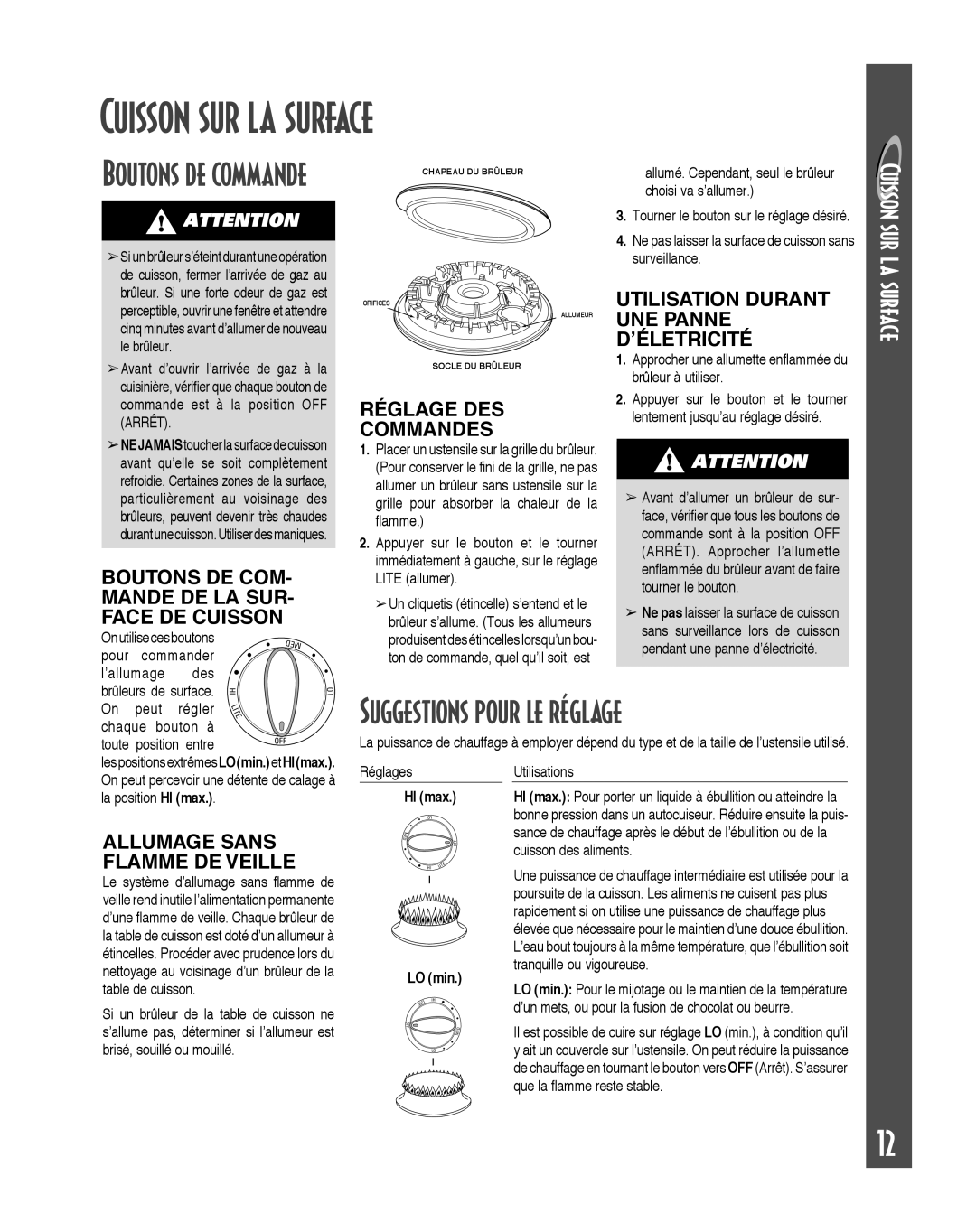 Maytag MGC6536BDW warranty Cuisson sur la surface, Suggestions pour le réglage, Boutons de commande 