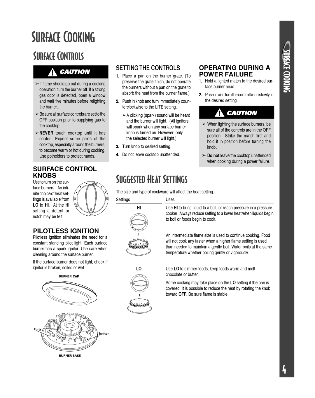 Maytag MGC6536BDW Surface Controls, Suggested Heat Settings, Operating During a Power Failure, Surface Control Knobs 