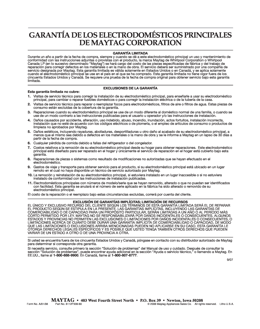 Maytag MGC6536BDW warranty De Maytag Corporation, Garantía De Los Electrodomésticos Principales, Garantía Limitada 