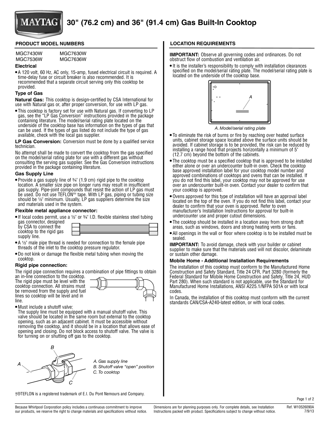 Maytag MGC7430W, MGC7636W, MGC7536W, MGC7630W specifications Product Model Numbers Location Requirements 