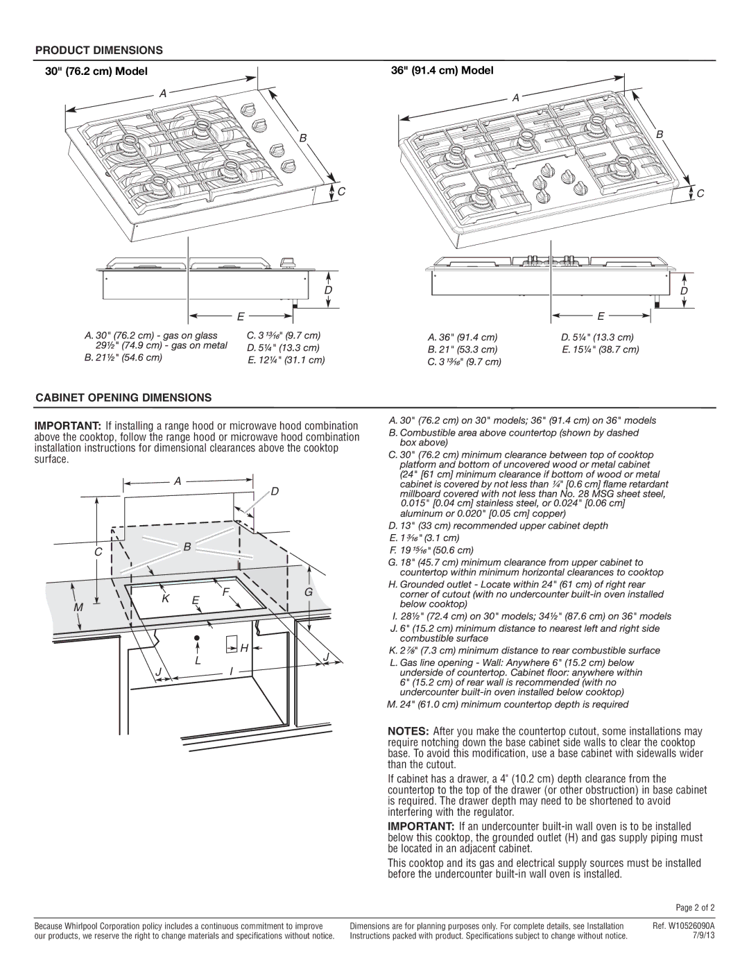 Maytag MGC7536W, MGC7636W, MGC7430W, MGC7630W specifications Product Dimensions, Cabinet Opening Dimensions 