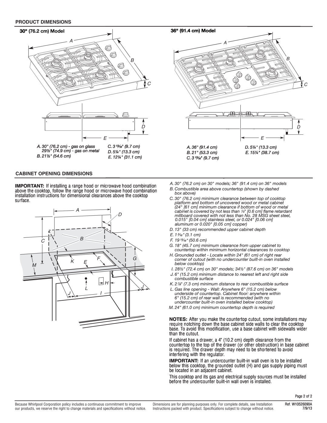 Maytag MGC7536W Cabinet Opening Dimensions, A D Cb, Fg H, Lj Ji, Product Dimensions, 30 76.2 cm Model, 36 91.4 cm Model 