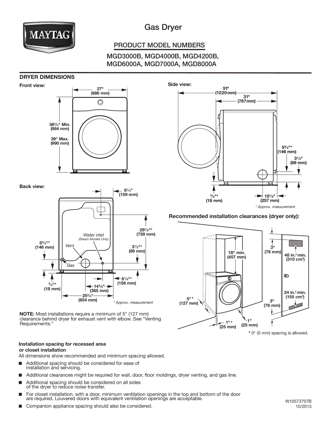 Maytag MGD8000A dimensions Gas Dryer, Recommended installation clearances dryer only 