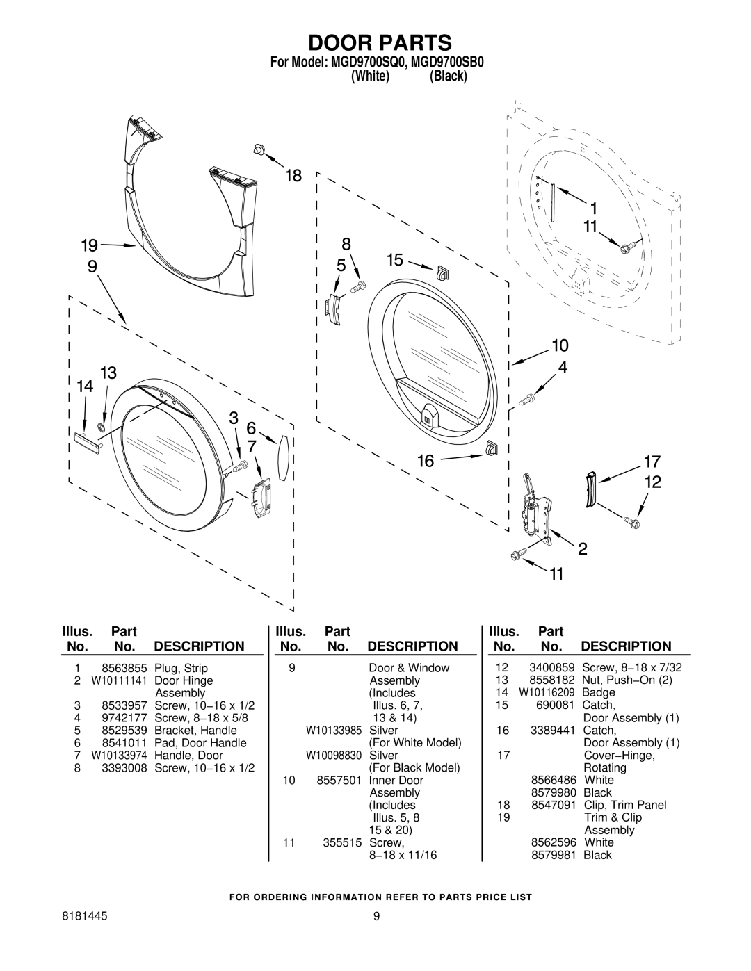 Maytag MGD9700SQ0, MGD9700SB0 manual Door Parts 