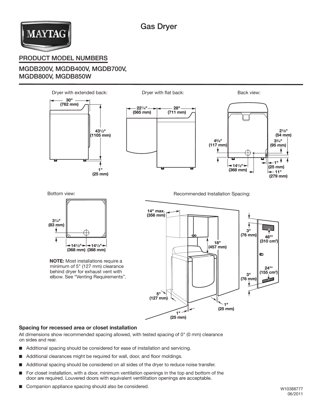 Maytag MGDB850W, MGDB200V, MGDB700V, MGDB400V dimensions Gas Dryer, Spacing for recessed area or closet installation 