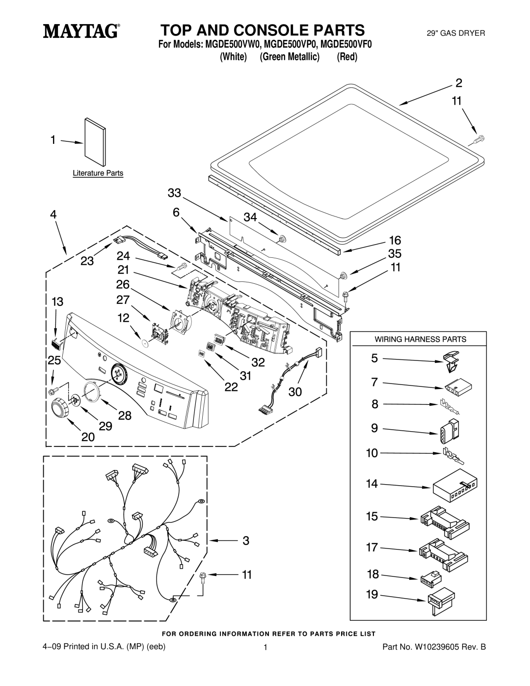 Maytag MGDE500VW0, MGDE500VP0, MGDE500VF0 manual TOP and Console Parts 