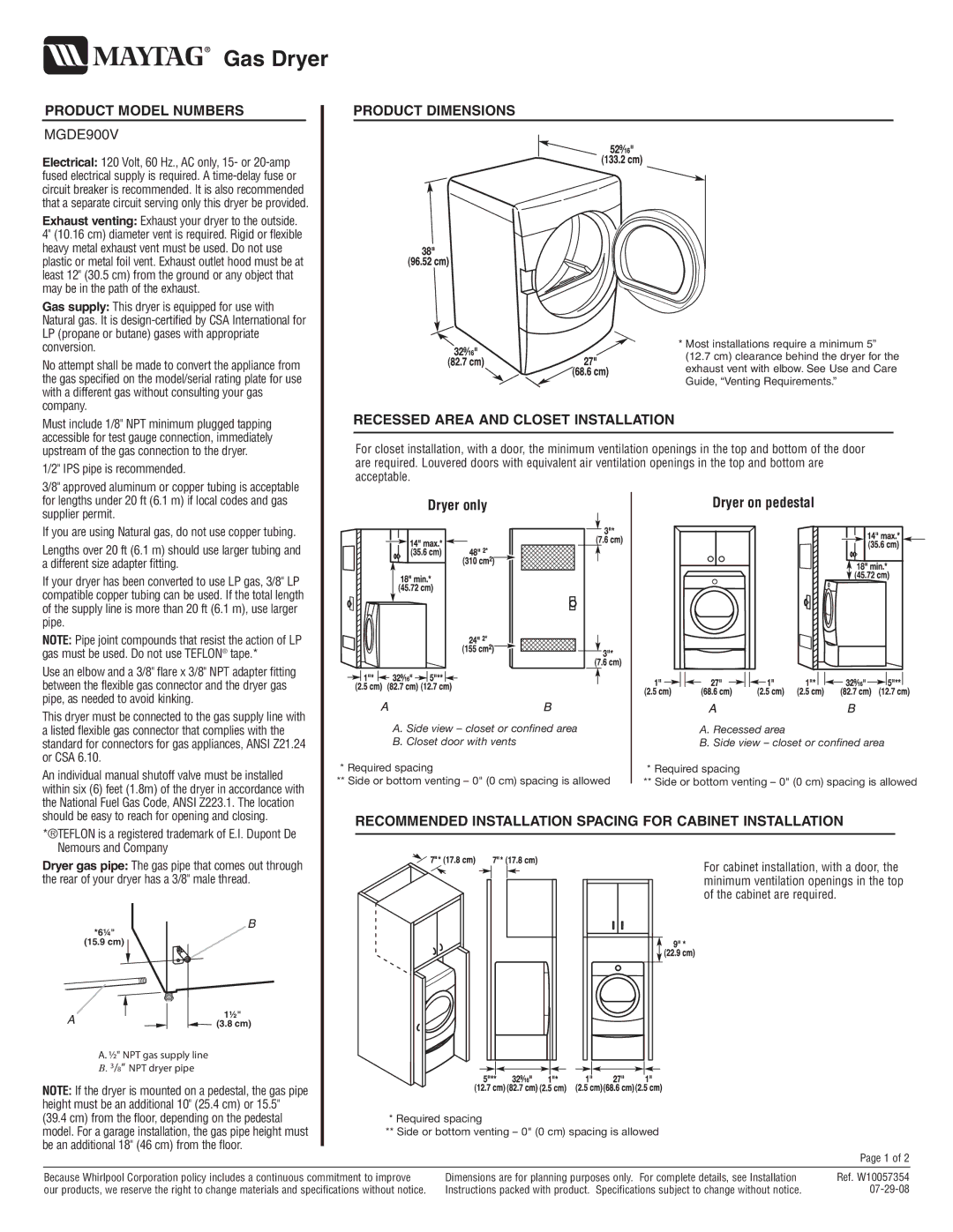 Maytag MGDE900V dimensions Product Model Numbers, Product Dimensions, Recessed Area and Closet Installation 