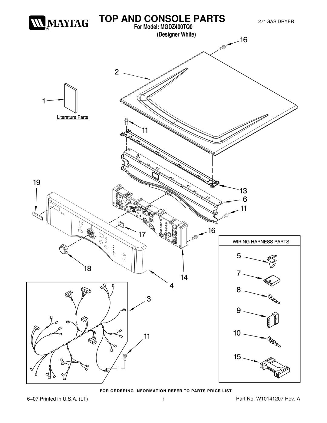 Maytag MGDZ400TQ0 manual TOP and Console Parts 