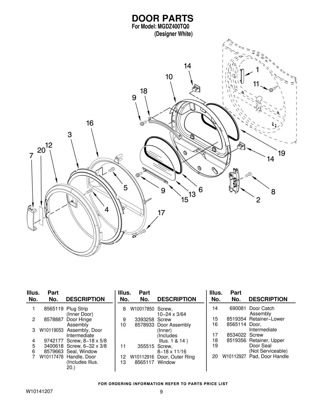 Maytag MGDZ400TQ0 manual Door Parts 