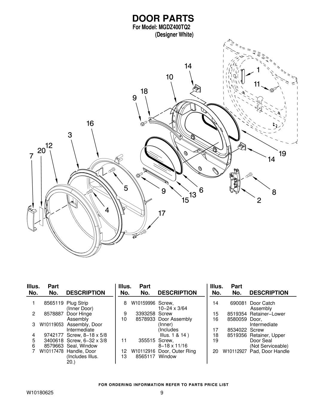 Maytag MGDZ400TQ2 manual Door Parts 