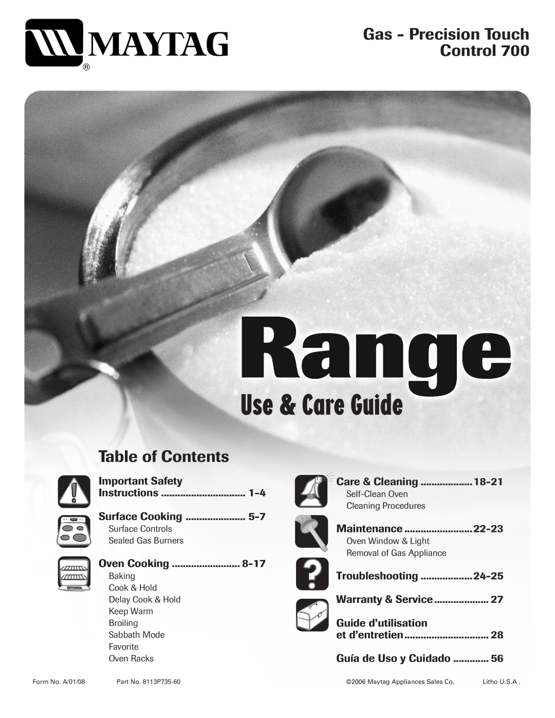 Maytag MGR5775QDW manual Use & Care Guide, Gas Precision Touch Control, Table of Contents 