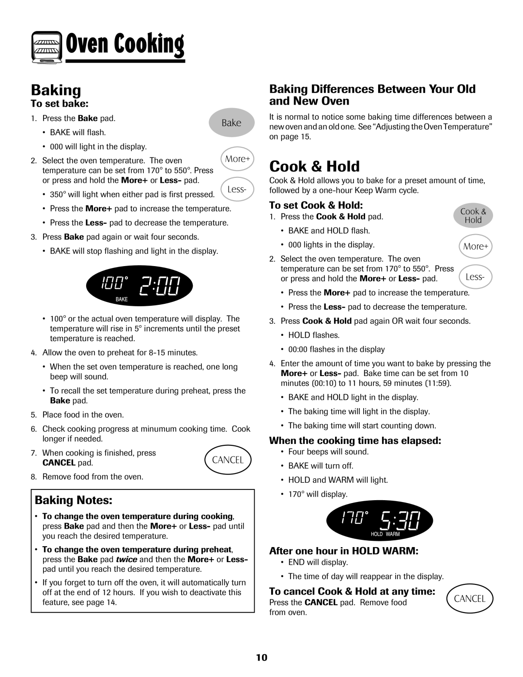 Maytag MGR5775QDW manual Cook & Hold, Baking Notes, Baking Differences Between Your Old and New Oven 